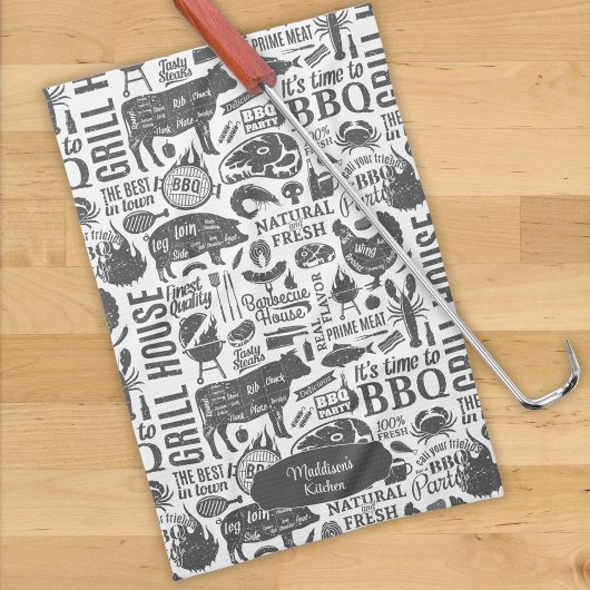 Retro gestileerde typografische barbecue patroon theedoek