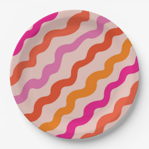 Retro gestreepte abstracte golven roze rood oranje papieren bordje