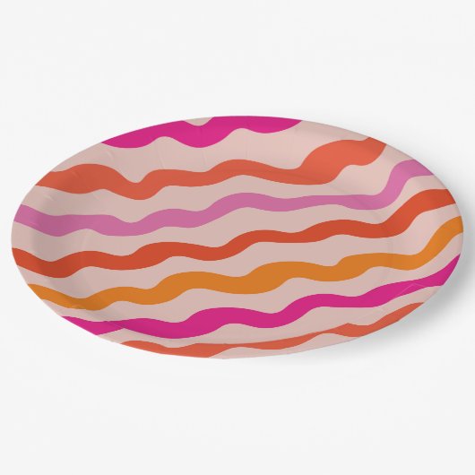Retro Gestreepte Abstracte Golven Roze Rood Sinaas Papieren Bordje (Gekanteld)