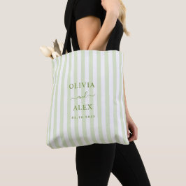 Retro gestreepte groene gepersonaliseerde trouw  tote bag