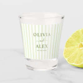 Retro gestreepte groene gepersonaliseerde trouwdag shot glas