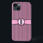 Retro gestreepte monogram patroon roze zwart Case-Mate iPhone case<br><div class="desc">Deze schattige, girly, licht retro 50s hoesje design shows roze, lichtroze en zwarte strepen en een ruimte die u kunt personaliseren / aanpassen. Voeg je eigen monogram/initiaal toe in het veld "Personaliseer het". Het vierkante lettertype geeft het monogram een moderne uitstraling. Dit is een helder, kleurrijk, , streeppatroon dat een...</div>