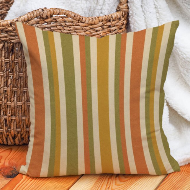 Retro gestreepte oranje goud olijf roest aarde too kussen (Retro boho striped earth tone pillow)
