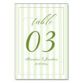 Retro gestreepte witte en groene trouwtafel nummer kaart (Voorkant)