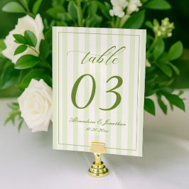 Retro gestreepte witte en groene trouwtafel nummer kaart