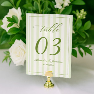 Retro gestreepte witte en groene trouwtafel nummer kaart