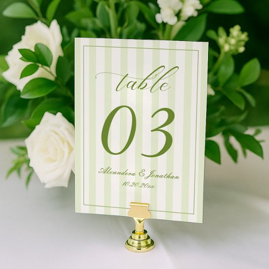 Retro gestreepte witte en groene trouwtafel nummer kaart