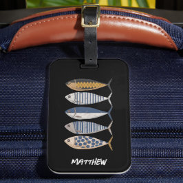  retro gestresste sardine, aangepaste visser bagagelabel