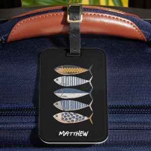  retro gestresste sardine, aangepaste visser bagagelabel