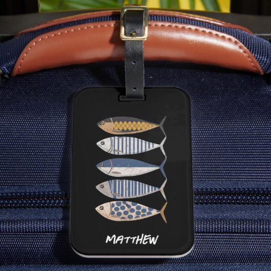 retro gestresste sardine, aangepaste visser bagagelabel (Voorkant Insitu 2)