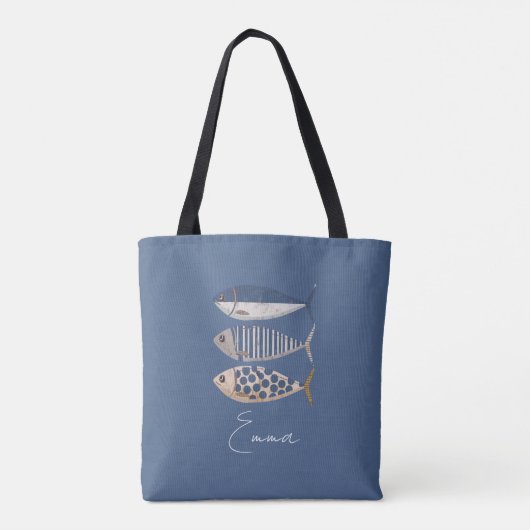 retro gestresste sardine, aangepaste visser tote bag (Achterkant)