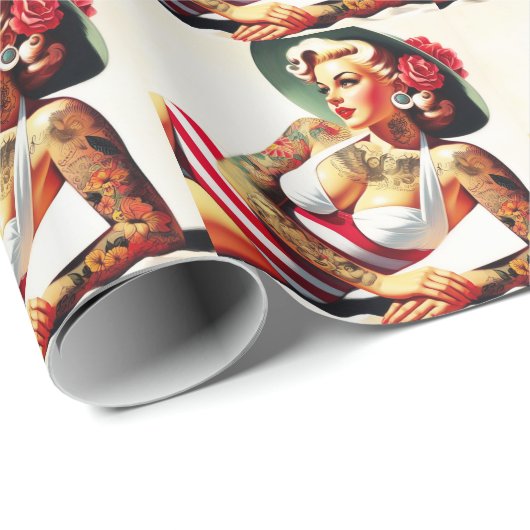 Retro getatoeëerd badpak Pin-up Cadeaupapier (Rol Hoek)