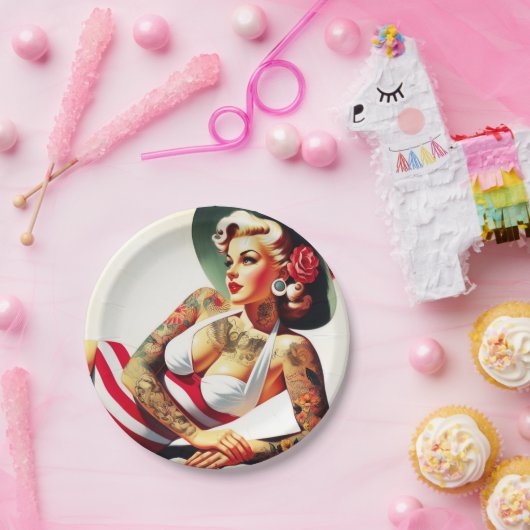Retro getatoeëerd badpak Pin-up Papieren Bordje (Feest)