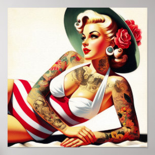 Retro getatoeëerd badpak Pin-up Poster