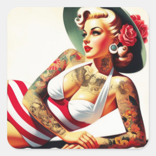 Retro getatoeëerd badpak Pin-up Vierkante Sticker