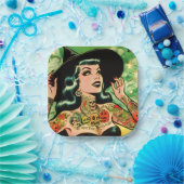 Retro getatoeëerde heksenstrip papieren bordje (Feest)