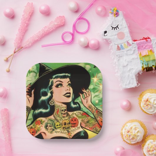Retro getatoeëerde heksenstrip papieren bordje (Feest)