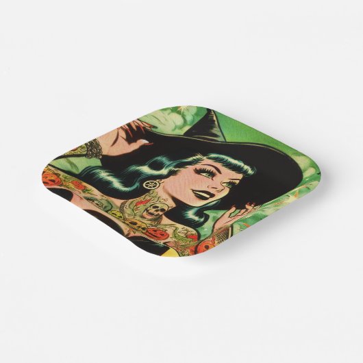 Retro getatoeëerde heksenstrip papieren bordje (Gebogen)