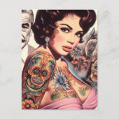 Retro Getatoeëerde Pin-up Briefkaart (Voorkant)