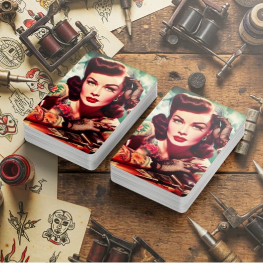 Retro Getatoeëerde Pin-up Pokerkaarten