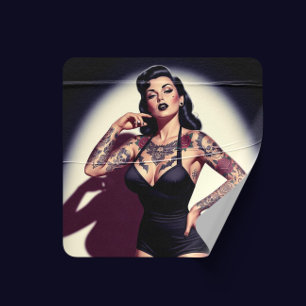 Retro Getatoeëerde Pin-up Vierkante Sticker