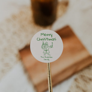 Retro Getekende Groene Kerstman Vrolijk Kerstfeest Ronde Sticker