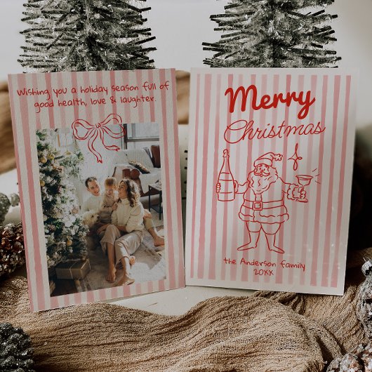 Retro getekende rode feestelijke Santa Champagne k Feestdagenkaart