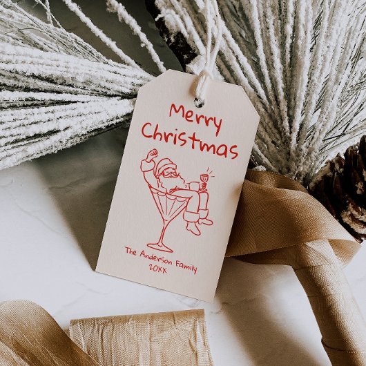 Retro Getekende Rode Kerstman Prettig Kerstfeest Cadeaulabel