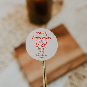 Retro getekende rode kerstman vrolijk kerstfeest ronde sticker