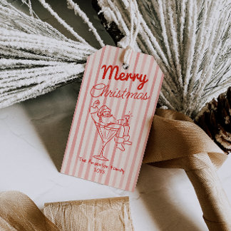 Retro Getekende Rode Strepen Kerstman Kerstmis Cadeaulabel