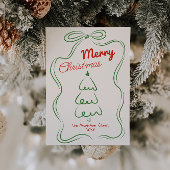 Retro getekende rood groene kerstboom boog niet-fo feestdagenkaart