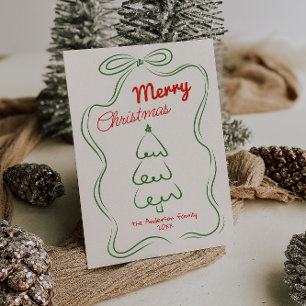 Retro getekende rood groene kerstboom boog niet-fo feestdagenkaart