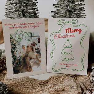 Retro getekende rood groene vintage kerstboom boog feestdagenkaart