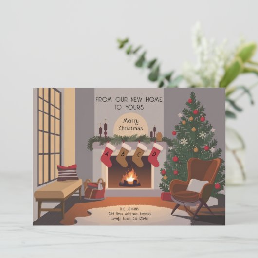 Retro Gezellige Kerst Woonkamer Verhuizen Aankondiging (Staand voorkant)