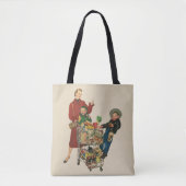 Retro gezin, moeder en kinderen boodschappen winke tote bag (Voorkant)