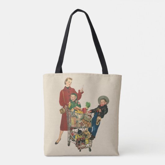 Retro gezin, moeder en kinderen boodschappen winke tote bag (Achterkant)