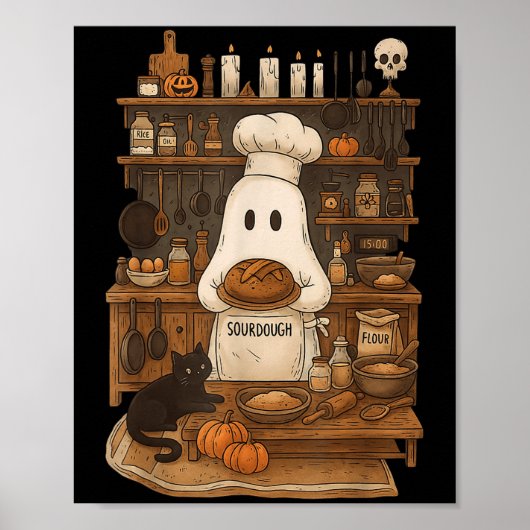 Retro Ghost Baking Sourdough Halloween Soky Chef B Poster (Voorkant)
