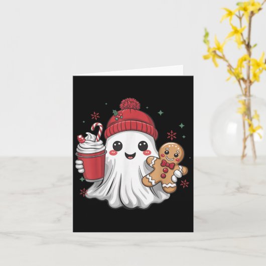 Retro Ghost Beanie Christmas Holiday Xmas Coffee G Kaart (Gele Bloem)