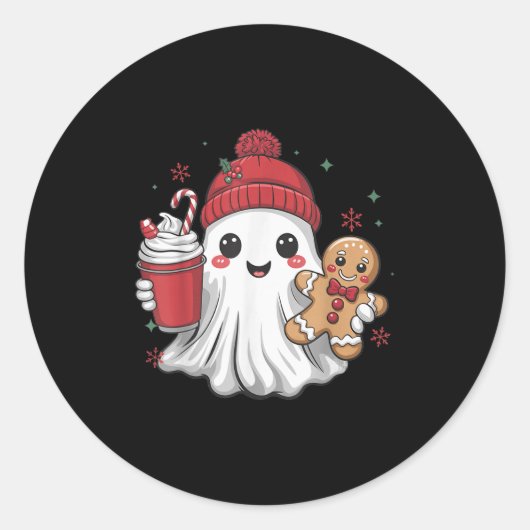 Retro Ghost Beanie Christmas Holiday Xmas Coffee G Ronde Sticker (Voorkant)