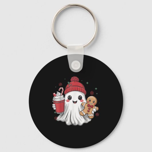 Retro Ghost Beanie Christmas Holiday Xmas Coffee G Sleutelhanger (Voorkant)