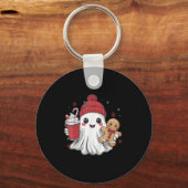 Retro Ghost Beanie Christmas Holiday Xmas Coffee G Sleutelhanger (Voorkant)