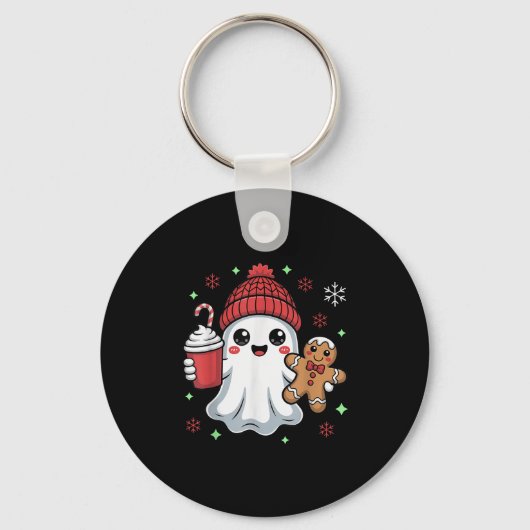 Retro Ghost Beanie Christmas Holiday Xmas Coffee G Sleutelhanger (Voorkant)