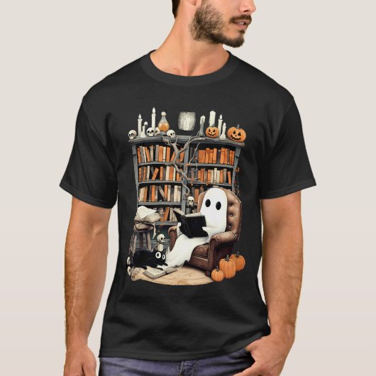 Retro Ghost boeken lezen Halloween T-shirt (Voorkant)