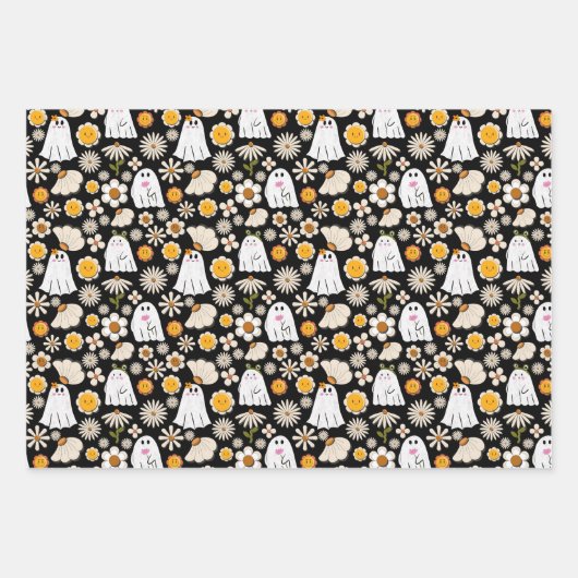 Retro Ghost Flowers Halloween Seamless Pattern Inpakpapier Vel (Voorkant)