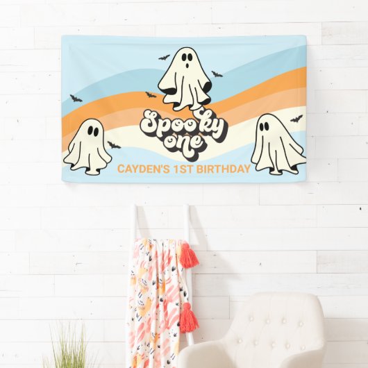 Retro Ghost Halloween Spooky One blauw Spandoek (Insitu)