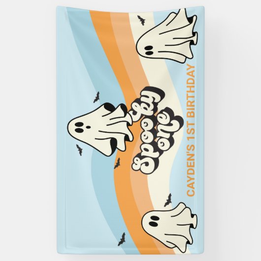 Retro Ghost Halloween Spooky One blauw Spandoek (Verticaal)