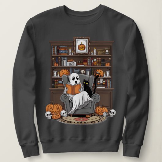 Retro Ghost Leesboeken Bibrarian Ghost Halloween Trui (Design voorkant)
