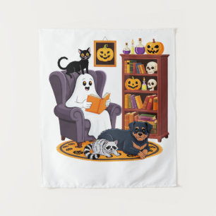 Retro Ghost Lezen Boeken met Zwarte Kat Wasbeer Wandkleed