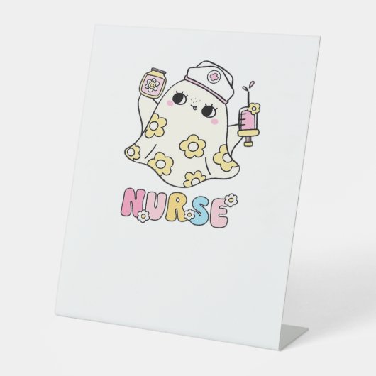 Retro Ghost Nurse Halloween Design Classic T-shirt Reclamebord Met Voetstuk (Voorkant)