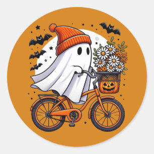Retro Ghost op de fiets Halloween Ronde Sticker
